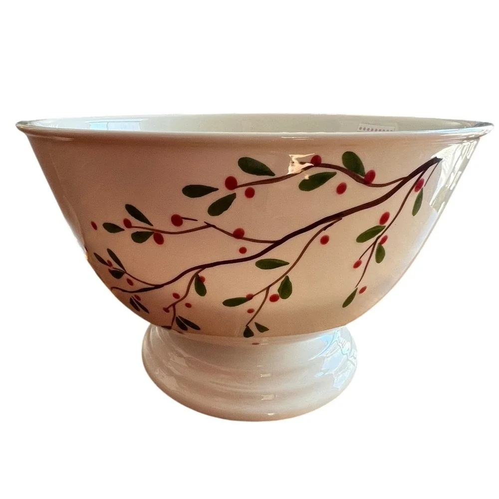 Farval Footed Serving Bowl Unisex 12x7 White Brand New Winter Berry Hand Painted